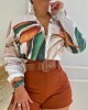 Print Long Sleeves Buttoned  Deep V-Neck Shirts Top +Belted Shorts Bottom Two Pieces Set