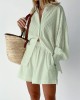 Buttoned Jacquard High-Low Long Sleeves Solid Color Lapel Shirts Top +Shorts Bottom Two Pieces Set