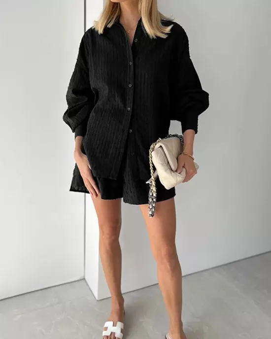 Buttoned Jacquard High-Low Long Sleeves Solid Color Lapel Shirts Top +Shorts Bottom Two Pieces Set