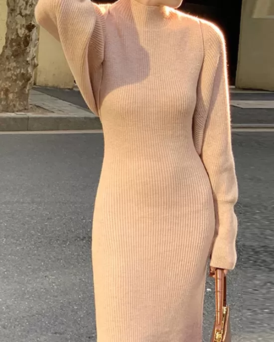 Mock Neck Long Sleeves Solid Color Cardigan Top + High Waisted Sweater Dress Two Pieces Set