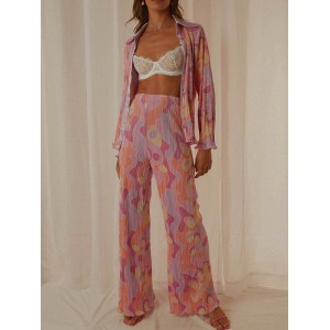 Pleated Long Sleeves Loose Buttoned Print Lapel Shirts Top + Elasticity Pants Bottom Two Pieces Set