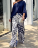 Loose Puff Sleeves Solid Color Off-The-Shoulder Blouses& Printed Pants Two Pieces Set