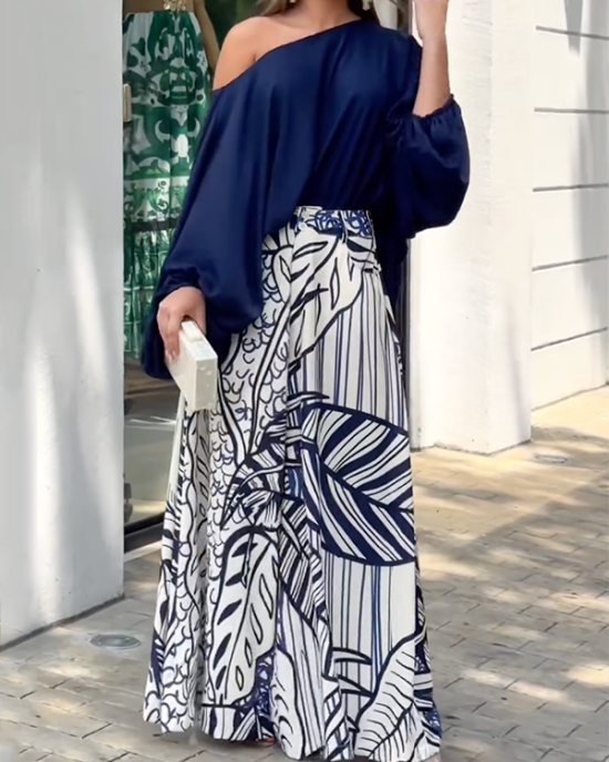 Loose Puff Sleeves Solid Color Off-The-Shoulder Blouses& Printed Pants Two Pieces Set