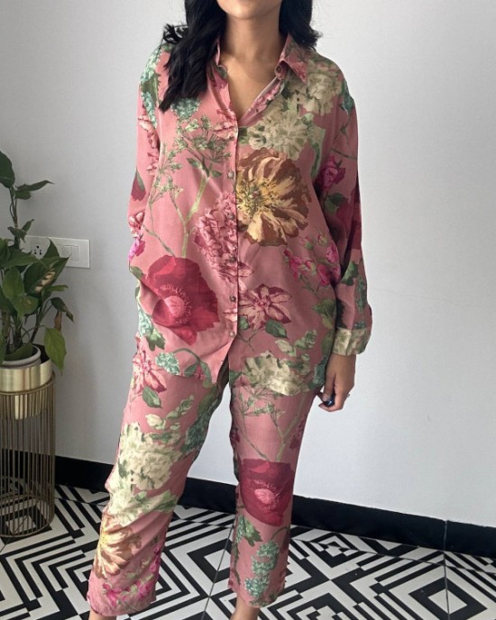 Lapel Long Sleeves Buttoned Flower Print Shirts Top + Ninth Pants Pants Bottom Two Pieces Set