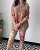 Lapel Long Sleeves Buttoned Flower Print Shirts Top + Ninth Pants Pants Bottom Two Pieces Set