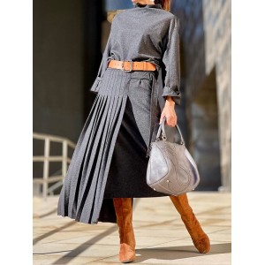 Solid Color Loose Top +  Asymmetric Pleated Split-Joint  Skirt Two Pieces Set