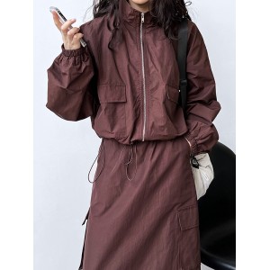 Solid Color Zipper Long Sleeves Loose Drawstring Elasticity Pockets Stand Collar Jacket Top + Split-Back Skirts Bottom Two Pieces Set