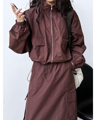 Solid Color Zipper Long Sleeves Loose Drawstring Elasticity Pockets Stand Collar Jacket Top + Split-Back Skirts Bottom Two Pieces Set