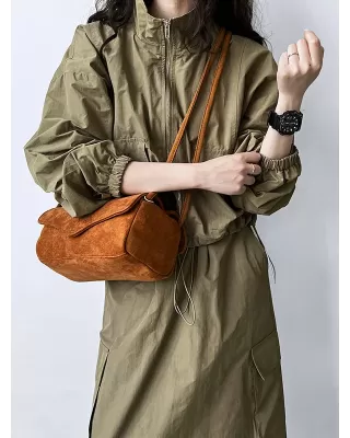 Solid Color Zipper Long Sleeves Loose Drawstring Elasticity Pockets Stand Collar Jacket Top + Split-Back Skirts Bottom Two Pieces Set