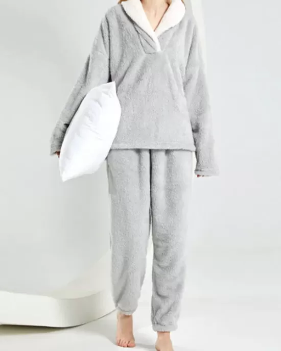 Coral Fleece Split-Joint V-Neck + Pants Pajama Two Pieces Set