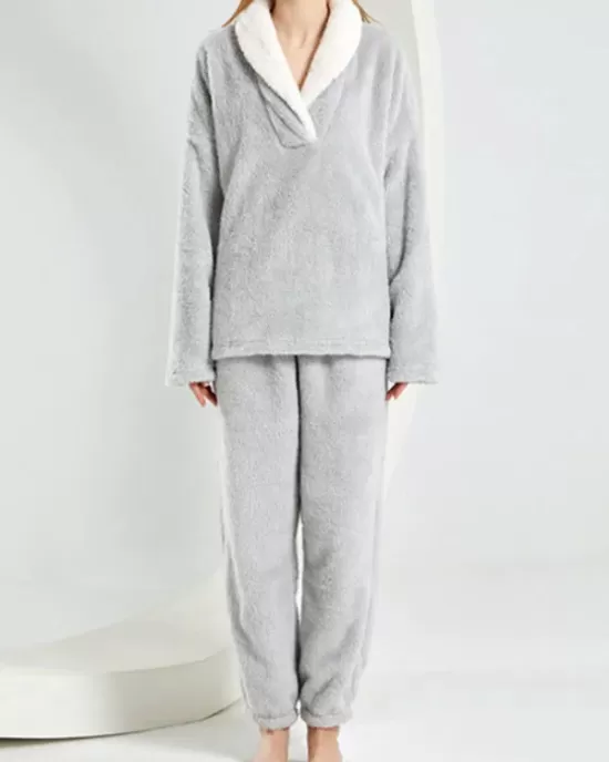 Coral Fleece Split-Joint V-Neck + Pants Pajama Two Pieces Set