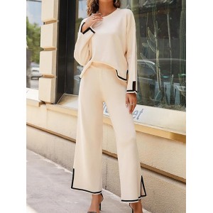 Round-Neck High-Low Long Sleeves Contrast Color Split-Side Sweater Top + Pants Bottom Two Pieces Set