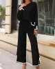 Round-Neck High-Low Long Sleeves Contrast Color Split-Side Sweater Top + Pants Bottom Two Pieces Set