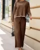 Round-Neck High-Low Long Sleeves Contrast Color Split-Side Sweater Top + Pants Bottom Two Pieces Set