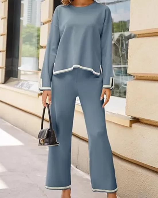 Round-Neck High-Low Long Sleeves Contrast Color Split-Side Sweater Top + Pants Bottom Two Pieces Set