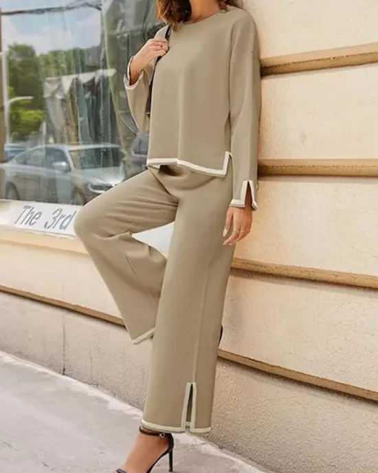 Round-Neck High-Low Long Sleeves Contrast Color Split-Side Sweater Top + Pants Bottom Two Pieces Set