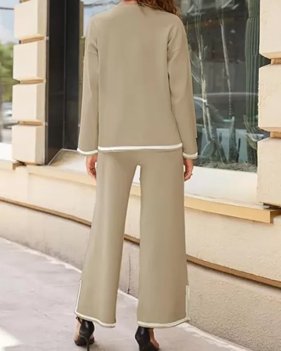 Round-Neck High-Low Long Sleeves Contrast Color Split-Side Sweater Top + Pants Bottom Two Pieces Set