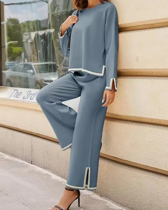 Round-Neck High-Low Long Sleeves Contrast Color Split-Side Sweater Top + Pants Bottom Two Pieces Set