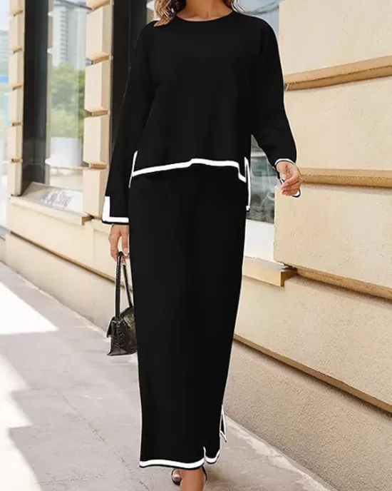 Round-Neck High-Low Long Sleeves Contrast Color Split-Side Sweater Top + Pants Bottom Two Pieces Set