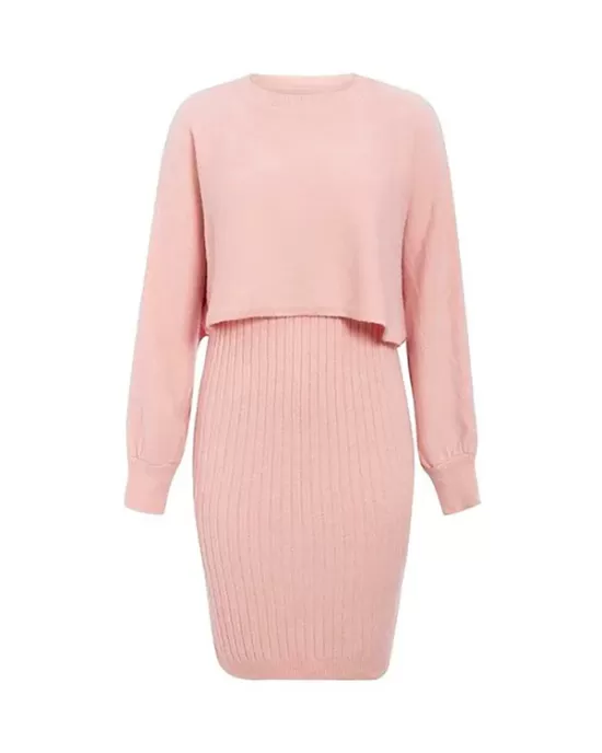 Round-Neck Long Sleeves Solid Color Sweater Top + Inner Dress Two Pieces Set