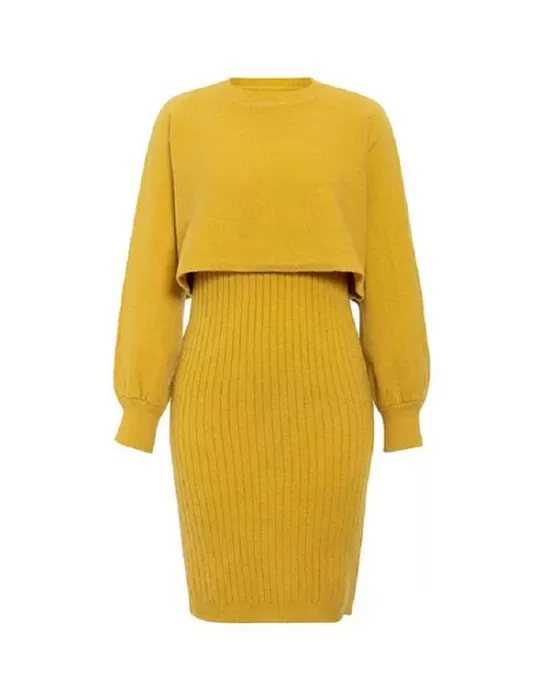 Round-Neck Long Sleeves Solid Color Sweater Top + Inner Dress Two Pieces Set