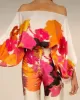 High Waisted Long Sleeves Flower Print Off-The-Shoulder Pants Set Suits Two Pieces Set