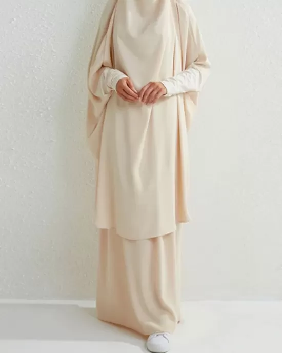 Solid Color Batwing Sleeves Long Sleeves Muslim High Neck Shirts Top + Skirts Bottom Two Pieces Set