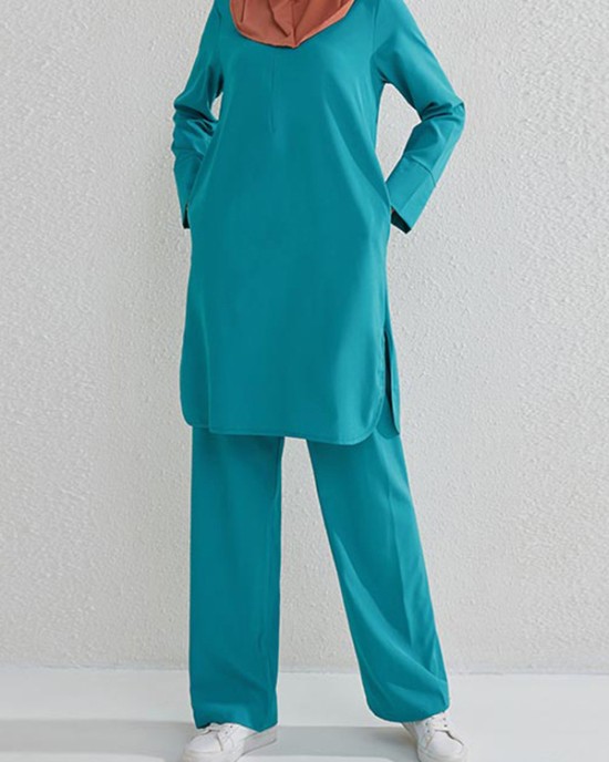 Round-Neck Long Sleeves Pockets Solid Color Split-Side Shirts Top + Pants Bottom Two Pieces Set