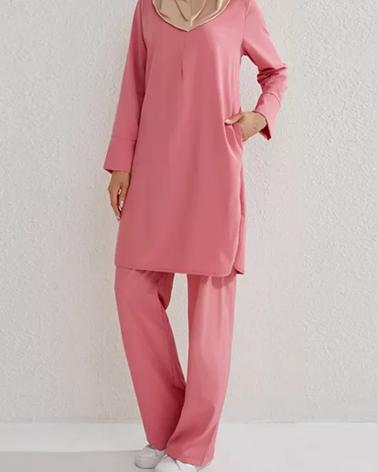 Round-Neck Long Sleeves Pockets Solid Color Split-Side Shirts Top + Pants Bottom Two Pieces Set