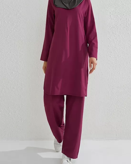 Round-Neck Long Sleeves Pockets Solid Color Split-Side Shirts Top + Pants Bottom Two Pieces Set