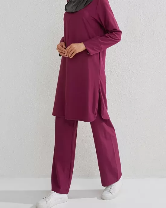 Round-Neck Long Sleeves Pockets Solid Color Split-Side Shirts Top + Pants Bottom Two Pieces Set