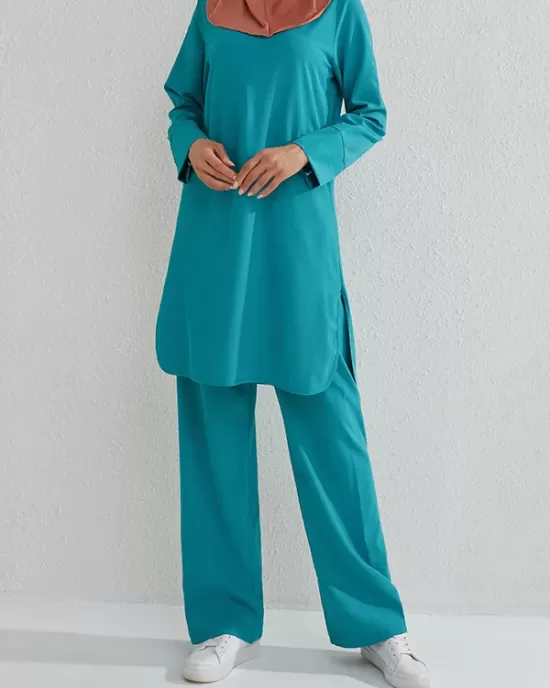 Round-Neck Long Sleeves Pockets Solid Color Split-Side Shirts Top + Pants Bottom Two Pieces Set