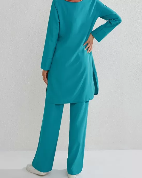 Round-Neck Long Sleeves Pockets Solid Color Split-Side Shirts Top + Pants Bottom Two Pieces Set