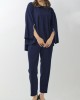 Round-Neck Batwing Sleeves High-Low Beaded Shirts Top + Elasticity Pleated Pants Bottom Two Pieces Set