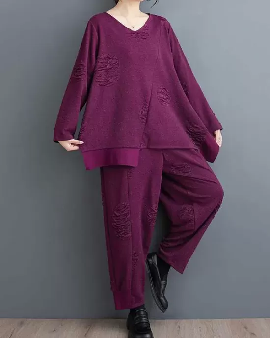 Split-Joint V-Neck Long Sleeves Asymmetric Solid Color T-Shirts Top + Harem Pants Elasticity Pants Bottom Two Pieces Set