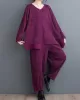 Split-Joint V-Neck Long Sleeves Asymmetric Solid Color T-Shirts Top + Harem Pants Elasticity Pants Bottom Two Pieces Set