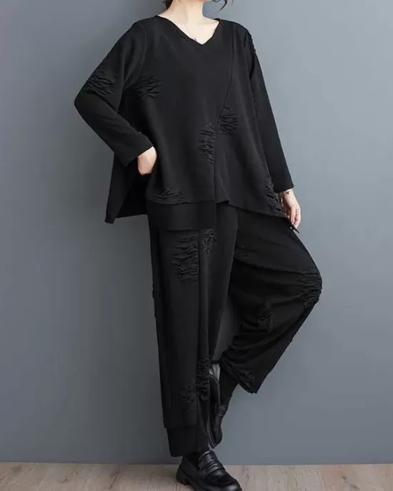 Split-Joint V-Neck Long Sleeves Asymmetric Solid Color T-Shirts Top + Harem Pants Elasticity Pants Bottom Two Pieces Set