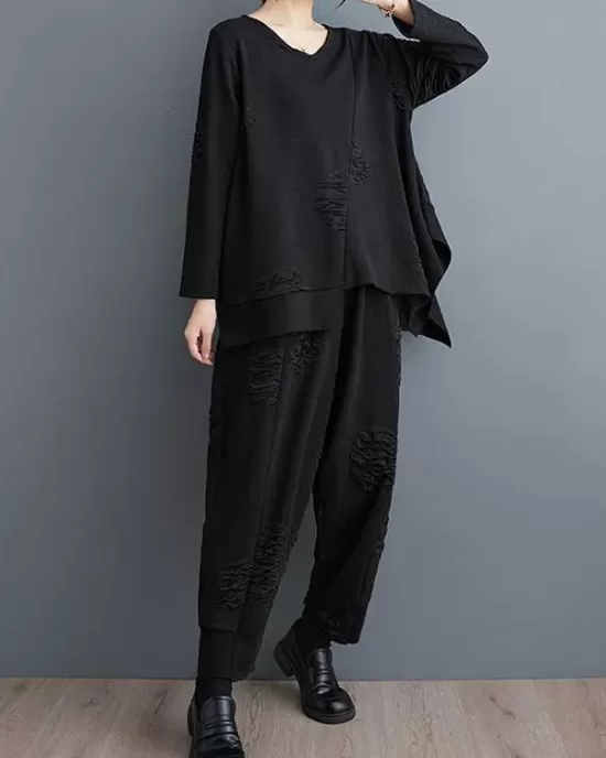 Split-Joint V-Neck Long Sleeves Asymmetric Solid Color T-Shirts Top + Harem Pants Elasticity Pants Bottom Two Pieces Set