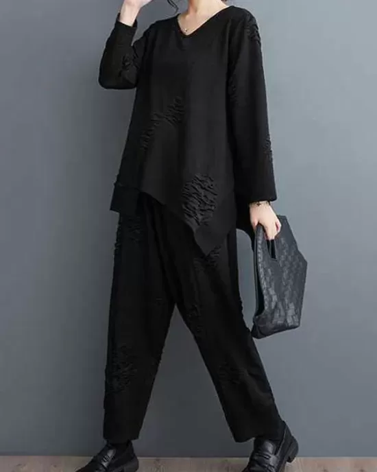 Split-Joint V-Neck Long Sleeves Asymmetric Solid Color T-Shirts Top + Harem Pants Elasticity Pants Bottom Two Pieces Set