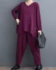 Split-Joint V-Neck Long Sleeves Asymmetric Solid Color T-Shirts Top + Harem Pants Elasticity Pants Bottom Two Pieces Set