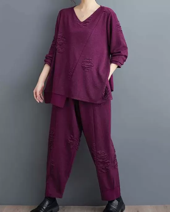 Split-Joint V-Neck Long Sleeves Asymmetric Solid Color T-Shirts Top + Harem Pants Elasticity Pants Bottom Two Pieces Set