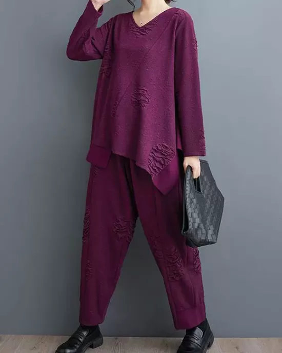 Split-Joint V-Neck Long Sleeves Asymmetric Solid Color T-Shirts Top + Harem Pants Elasticity Pants Bottom Two Pieces Set