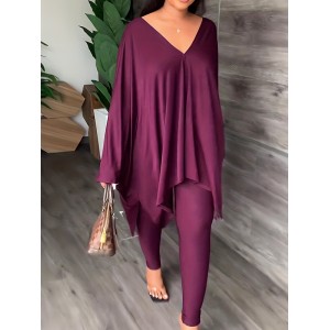 Batwing Sleeves Loose Solid Color V-Back V-Neck Shirts Tops&Pants Two Pieces Set