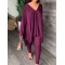 Batwing Sleeves Loose Solid Color V-Back V-Neck Shirts Tops&Pants Two Pieces Set