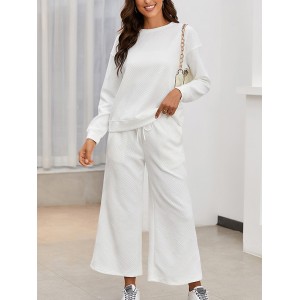 Round-Neck Long Sleeves Loose Solid Color Shirts Top + Drawstring Pants Bottom Two Pieces Set