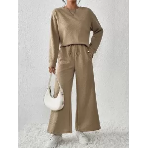 Round-Neck Long Sleeves Loose Solid Color Shirts Top + Drawstring Pants Bottom Two Pieces Set