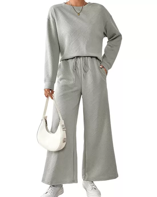 Round-Neck Long Sleeves Loose Solid Color Shirts Top + Drawstring Pants Bottom Two Pieces Set