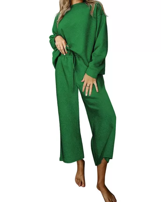 Round-Neck Long Sleeves Loose Solid Color Shirts Top + Drawstring Pants Bottom Two Pieces Set