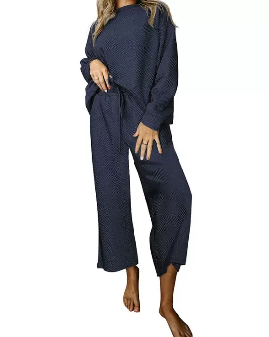 Round-Neck Long Sleeves Loose Solid Color Shirts Top + Drawstring Pants Bottom Two Pieces Set