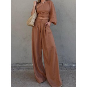 Solid Color One-Shoulder Long Sleeves Loose Asymmetric Elasticity Knot Pleated Shirts Top + Pants Bottom Two Pieces Set